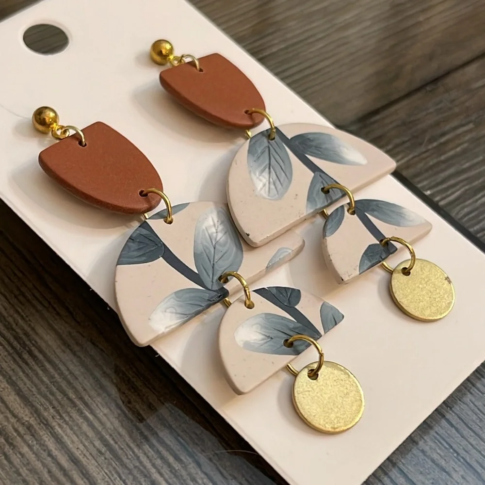 Boutique Style Polymer Clay Geometric Leaf Drop Earrings